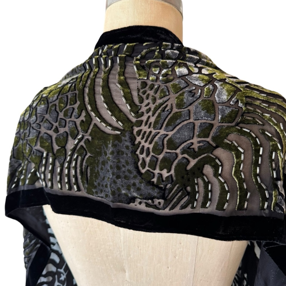 Vintage 90s Black Green Beaded Velvet Burnout Silk Shawl Scarf - Picture 3 of 8
